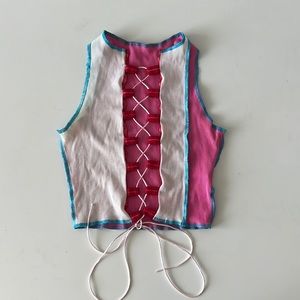 Lace Up Patchwork Contrast Stitch Crop Top